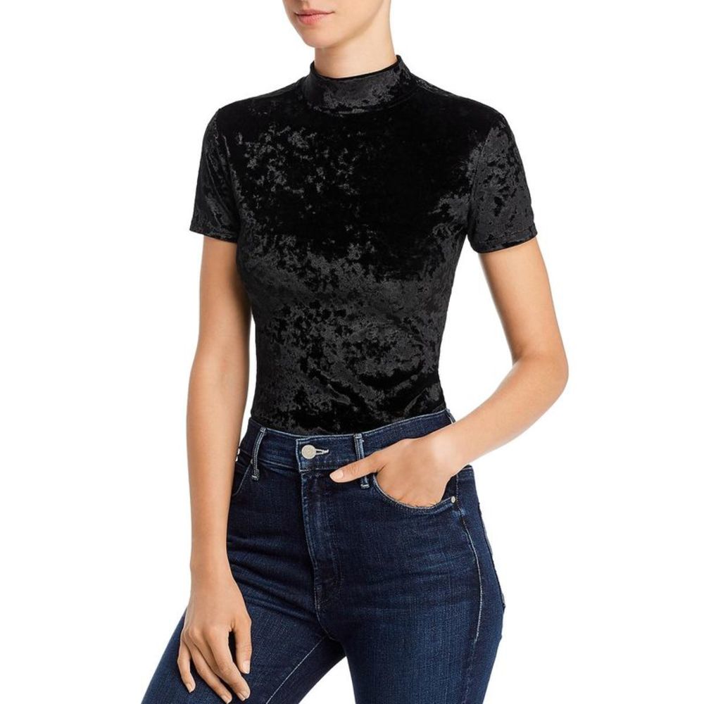 Aqua Womens Black Crushed Velvet Mock Neck Short Sleeve Bodysuit Top NWT